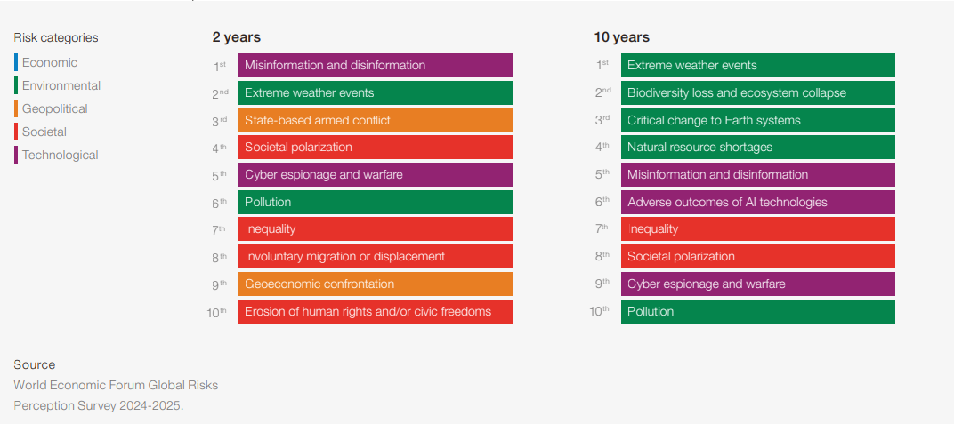 Global risks ranked by severity over the short and long term